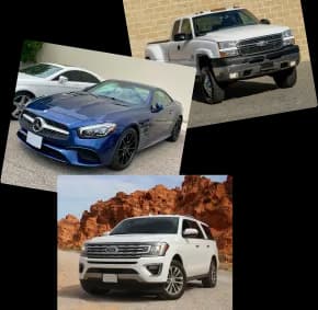 A collage of images of 2 used Fords and a Mercedes, arranged like a scrapbook